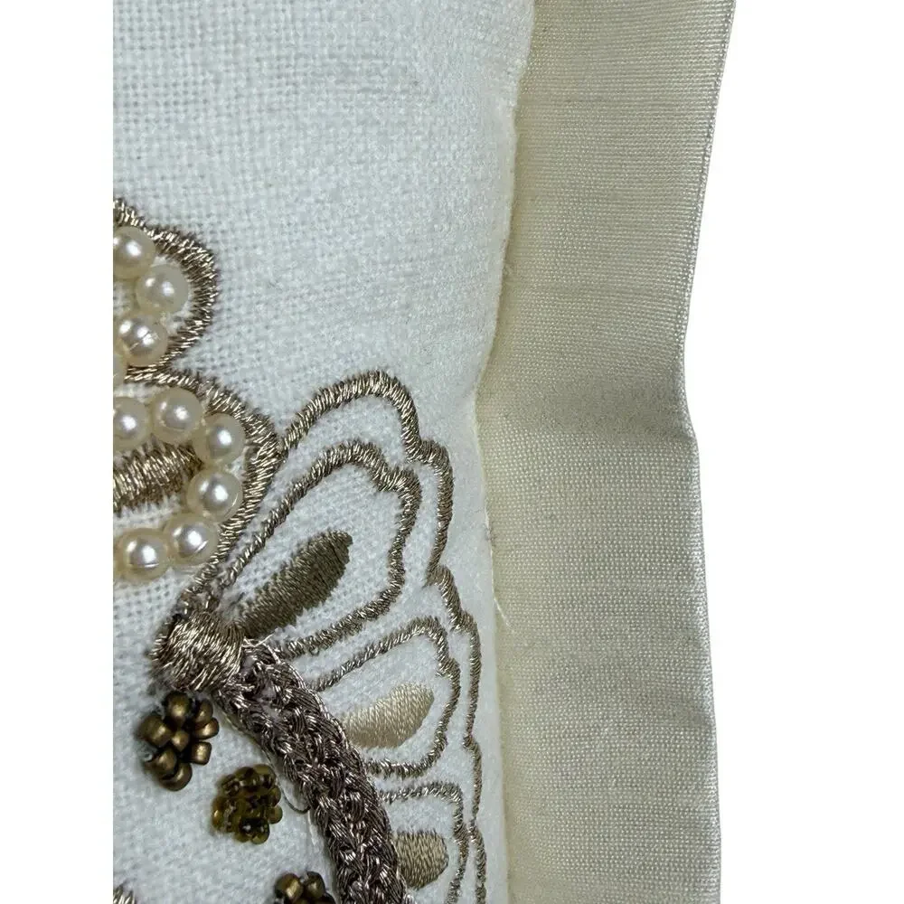 Pier 1 Throw Pillow Rectangular Linen Silk Beaded Pearl Ivory Gold Boho Chic